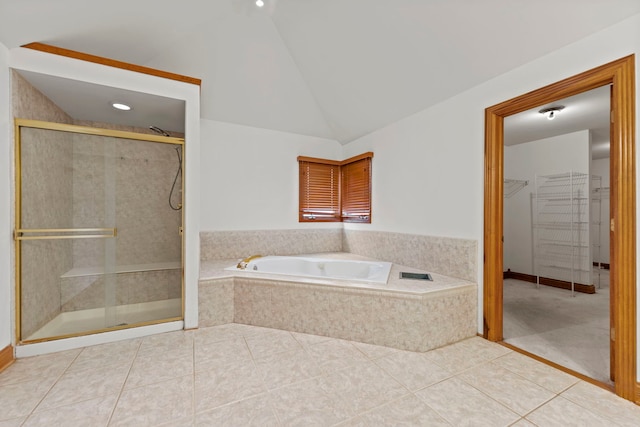 552 Waters Edge Dr, South Elgin, IL 60177 - full bath with a garden tub, a stall shower, lofted ceiling, a spacious closet, and tile patterned floors