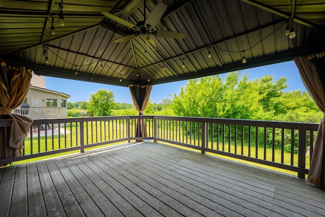 552 Waters Edge Dr, South Elgin, IL 60177 - wooden terrace with a ceiling fan, a gazebo, and a lawn