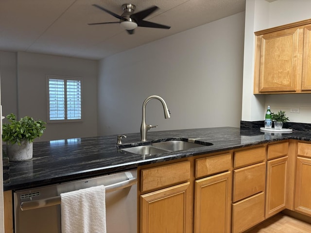200 N Addison Ave Unit 505, Elmhurst, IL 60126 - kitchen featuring stainless steel dishwasher, dark stone counters, a ceiling fan, and light wood-type flooring