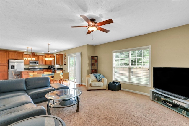 407 Banbury Ln, Savoy, IL 61874 - living room with a ceiling fan, light carpet, and a textured ceiling