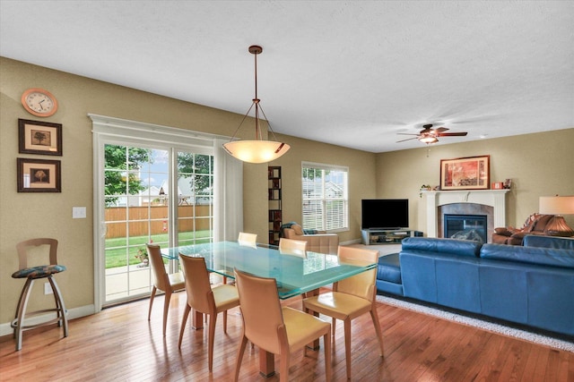407 Banbury Ln, Savoy, IL 61874 - dining space with light wood finished floors, a ceiling fan, a glass covered fireplace, and a textured ceiling