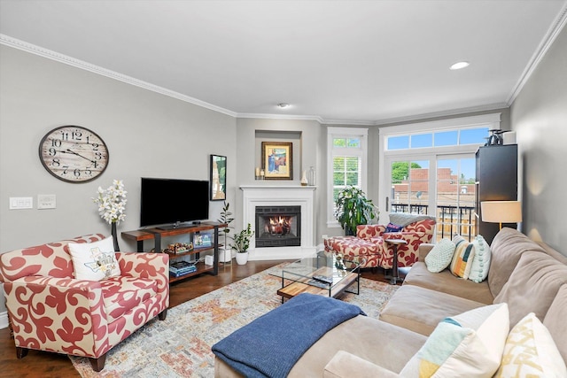2500 N Seminary Ave Unit 4W, Chicago, IL 60614 - living area with dark wood-style floors, ornamental molding, a lit fireplace, and recessed lighting