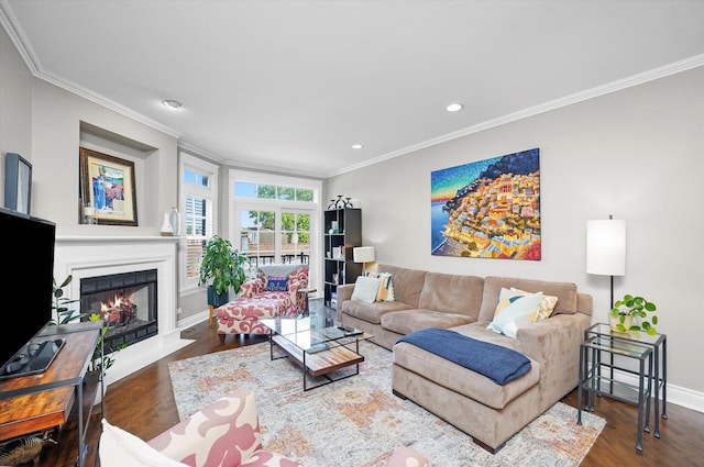 2500 N Seminary Ave Unit 4W, Chicago, IL 60614 - living room featuring wood finished floors, ornamental molding, a fireplace with flush hearth, and recessed lighting