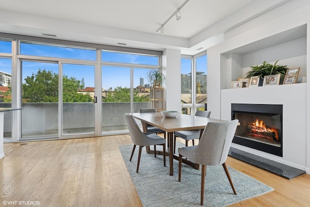 1035 W Huron St Unit 402, Chicago, IL 60642 - dining area featuring a lit fireplace, wood finished floors, and rail lighting
