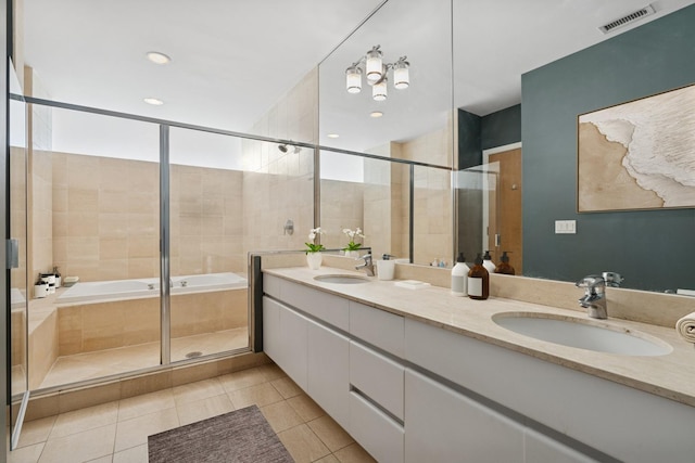 1035 W Huron St Unit 402, Chicago, IL 60642 - full bath featuring tile patterned floors, a tile shower, double vanity, and a tub to relax in