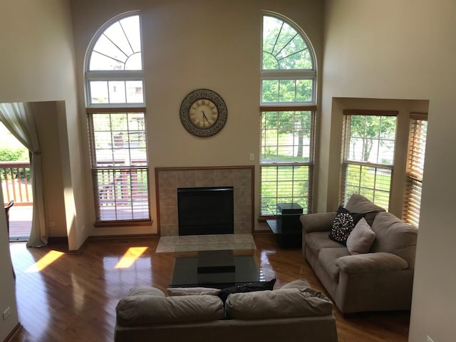 1317 Leonard Dr, Schaumburg, IL 60193 - living area with a towering ceiling, wood finished floors, healthy amount of natural light, and a fireplace