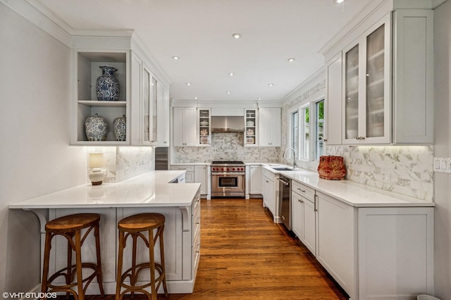 3233 Park Pl, Evanston, IL 60201 - kitchen with appliances with stainless steel finishes, wall chimney range hood, dark wood-style floors, a breakfast bar area, and a peninsula