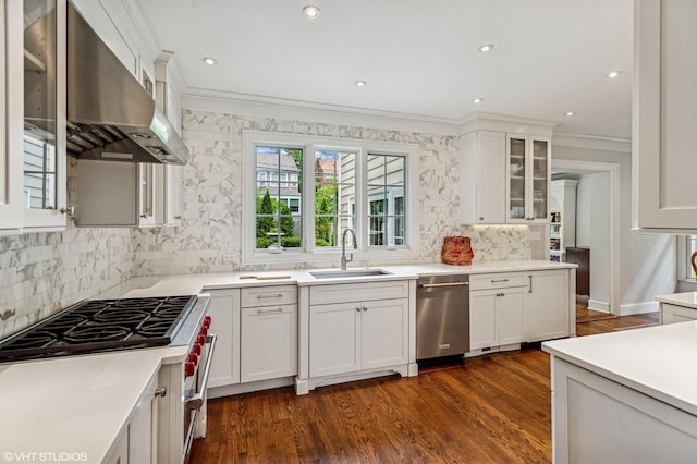 3233 Park Pl, Evanston, IL 60201 - kitchen featuring wall chimney exhaust hood, stainless steel appliances, ornamental molding, backsplash, and dark wood-style floors