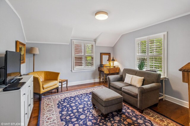 3233 Park Pl, Evanston, IL 60201 - living area featuring plenty of natural light, dark wood-style flooring, lofted ceiling, and crown molding