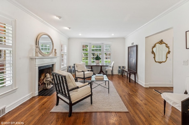 3233 Park Pl, Evanston, IL 60201 - living area featuring crown molding, wood finished floors, a high end fireplace, and recessed lighting