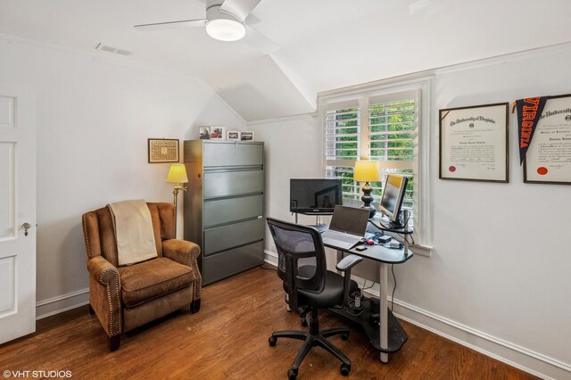 3233 Park Pl, Evanston, IL 60201 - home office with wood finished floors, ceiling fan, and lofted ceiling