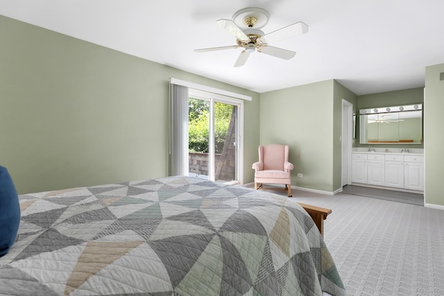 221 Pin Oak Dr, Wilmette, IL 60091 - bedroom featuring access to outside, light colored carpet, ensuite bathroom, and a ceiling fan