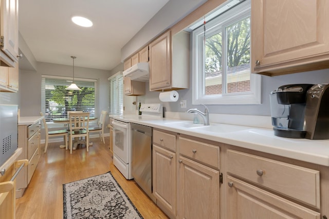 221 Pin Oak Dr, Wilmette, IL 60091 - kitchen featuring light brown cabinets, ventilation hood, stainless steel dishwasher, and light wood-style floors