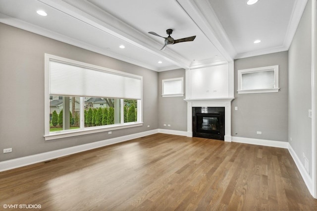 411 S Berkley Ave, Elmhurst, IL 60126 - unfurnished living room with ornamental molding, ceiling fan, wood finished floors, a fireplace, and recessed lighting