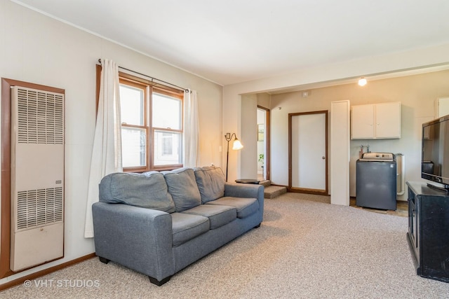 812 S Center St, Plano, IL 60545 - living room with a heating unit, washer / dryer, and light colored carpet