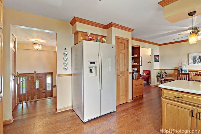 27892 W Bayview Dr, Ingleside, IL 60041 - kitchen with white refrigerator with ice dispenser, hardwood / wood-style floors, ceiling fan, crown molding, and light countertops