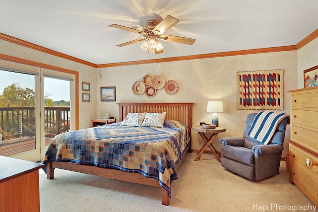 27892 W Bayview Dr, Ingleside, IL 60041 - bedroom featuring carpet floors, access to exterior, ceiling fan, and ornamental molding