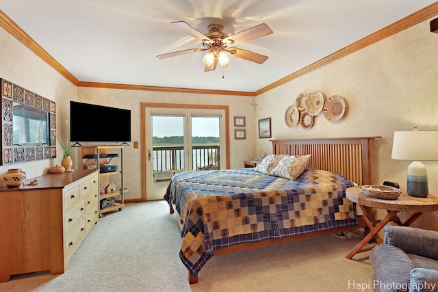 27892 W Bayview Dr, Ingleside, IL 60041 - bedroom with access to exterior, light colored carpet, crown molding, and ceiling fan