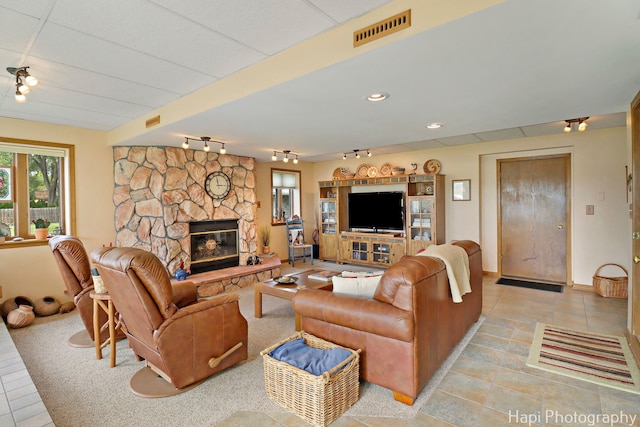 27892 W Bayview Dr, Ingleside, IL 60041 - living room featuring rail lighting and a fireplace