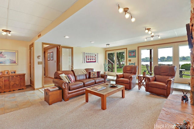 27892 W Bayview Dr, Ingleside, IL 60041 - living area featuring light colored carpet, light tile patterned floors, recessed lighting, and a water view