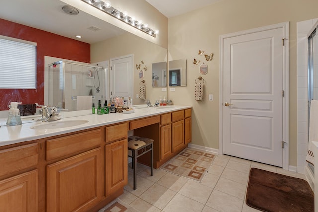 11692 Sunderlin Dr, Huntley, IL 60142 - full bath featuring a stall shower, double vanity, and tile patterned floors