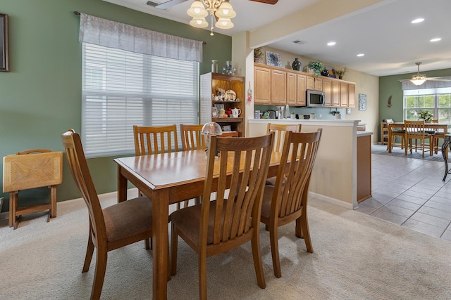 11692 Sunderlin Dr, Huntley, IL 60142 - dining area with a ceiling fan, light carpet, recessed lighting, and light tile patterned flooring