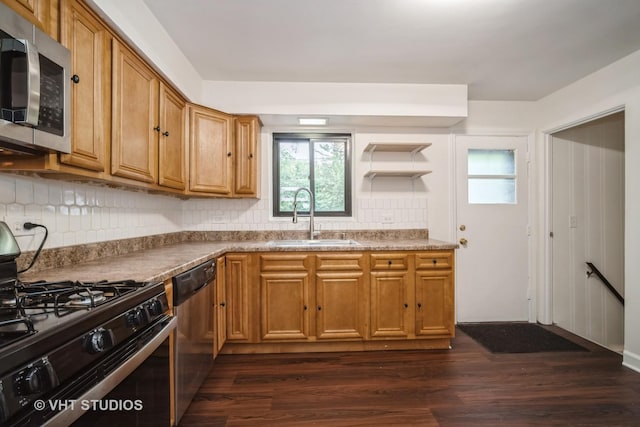 135 Flora Ave, Glenview, IL 60025 - kitchen featuring appliances with stainless steel finishes, dark wood-style floors, backsplash, and brown cabinetry