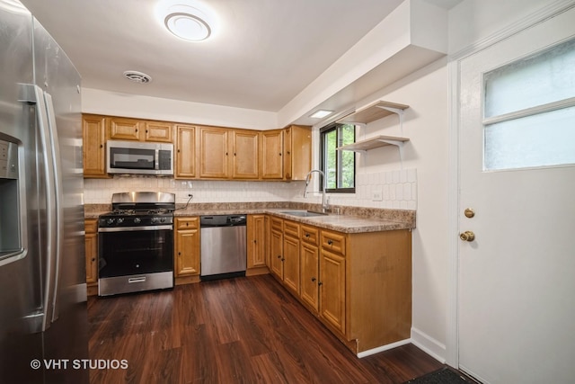 135 Flora Ave, Glenview, IL 60025 - kitchen with stainless steel appliances, dark wood-style flooring, open shelves, and decorative backsplash