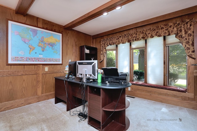 3710 Spy Glass Ridge Rd, Crystal Lake, IL 60012 - home office with wooden walls, light colored carpet, and beamed ceiling