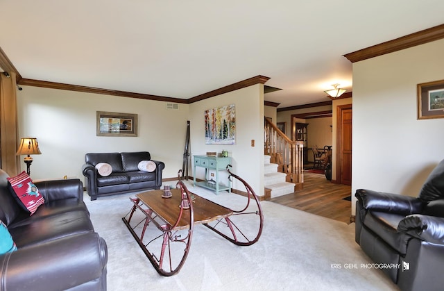 3710 Spy Glass Ridge Rd, Crystal Lake, IL 60012 - living room featuring crown molding, stairway, and wood finished floors