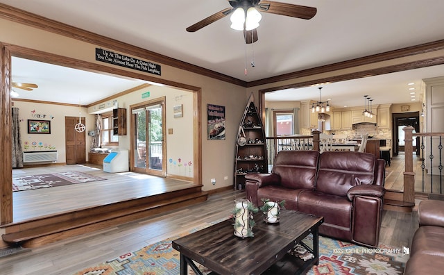 3710 Spy Glass Ridge Rd, Crystal Lake, IL 60012 - living room featuring a ceiling fan, plenty of natural light, light wood-type flooring, and crown molding