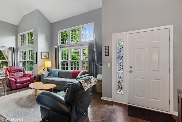 living area featuring high vaulted ceiling, dark wood-style floors, and plenty of natural light