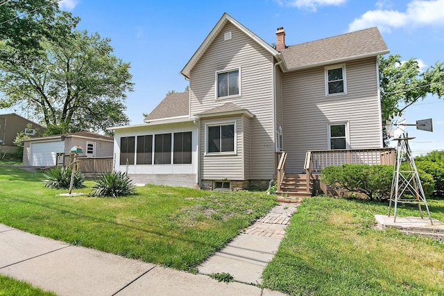 300 Stone St, South Elgin, IL 60177 - back of house featuring a wooden deck, a chimney, a sunroom, a lawn, and roof with shingles