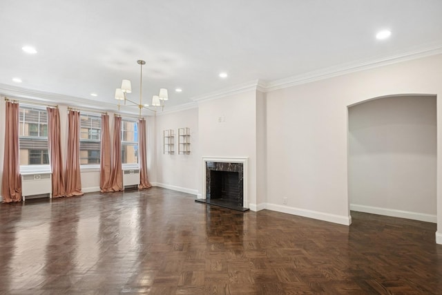 1640 E 50th St Unit 13B, Chicago, IL 60615 - unfurnished living room featuring crown molding, a chandelier, recessed lighting, and a high end fireplace