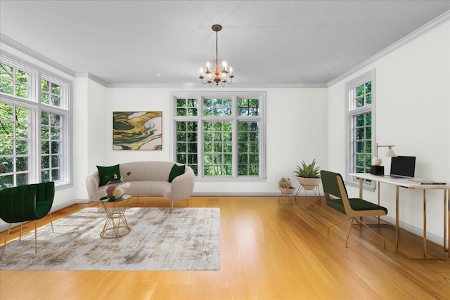 1005 Hiawatha Ln, Riverwoods, IL 60015 - office area featuring a chandelier, healthy amount of natural light, crown molding, and wood finished floors