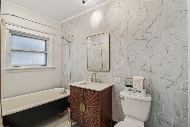 837 Wesley Ave, Oak Park, IL 60304 - bathroom featuring ornamental molding, vanity, a soaking tub, tile patterned flooring, and a shower