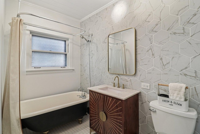 837 Wesley Ave, Oak Park, IL 60304 - full bath with ornamental molding, a soaking tub, vanity, and curtained shower