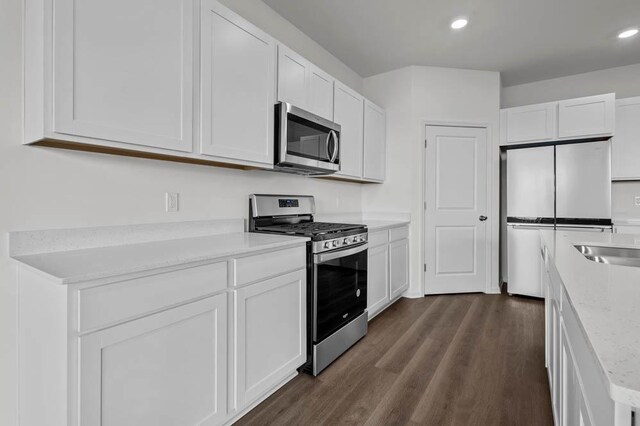 9900 Humbolt St, Huntley, IL 60142 - kitchen with appliances with stainless steel finishes, white cabinetry, light countertops, dark wood finished floors, and recessed lighting