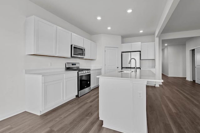 9900 Humbolt St, Huntley, IL 60142 - kitchen with stainless steel appliances, recessed lighting, dark wood-style flooring, light countertops, and a kitchen island with sink