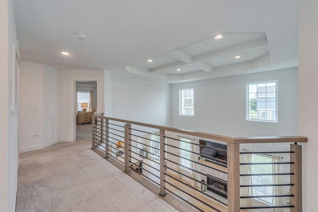 25320 W Alison Rd, Plainfield, IL 60586 - corridor with recessed lighting, plenty of natural light, carpet floors, beamed ceiling, and an upstairs landing
