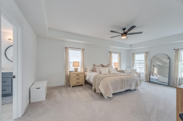 25320 W Alison Rd, Plainfield, IL 60586 - bedroom with light colored carpet, multiple windows, ceiling fan, and ensuite bathroom
