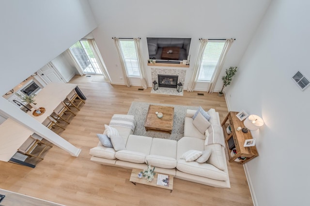 25320 W Alison Rd, Plainfield, IL 60586 - living room featuring a fireplace, wood finished floors, and a towering ceiling