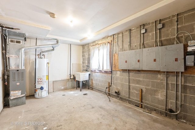 1415 W 123rd St, Calumet Park, IL 60827 - below grade area with gas water heater, electric panel, concrete block wall, and heating unit