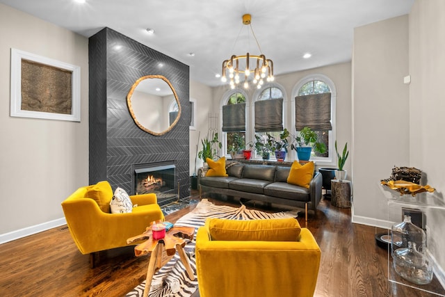 4741 S Drexel Blvd, Chicago, IL 60615 - living room featuring a fireplace, wood finished floors, recessed lighting, and a chandelier
