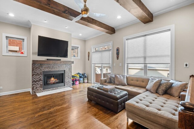 4741 S Drexel Blvd, Chicago, IL 60615 - living area featuring wood finished floors, a ceiling fan, beamed ceiling, a fireplace, and recessed lighting