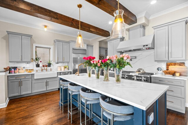 4741 S Drexel Blvd, Chicago, IL 60615 - kitchen with gray cabinets, decorative backsplash, beam ceiling, dark wood-style flooring, and light stone counters