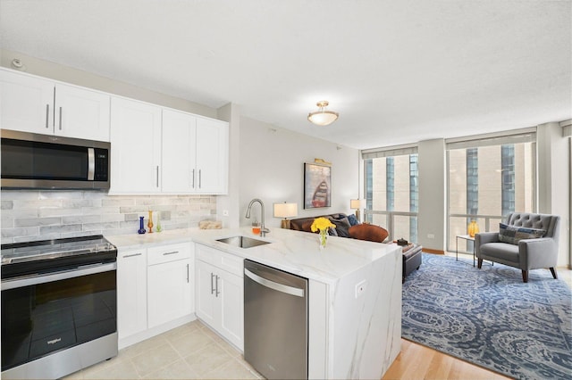 222 N Columbus Dr Unit 1405, Chicago, IL 60601 - kitchen featuring appliances with stainless steel finishes, open floor plan, backsplash, a peninsula, and light stone counters