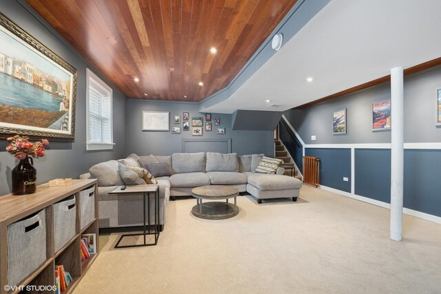 10824 Lavergne Ave, Oak Lawn, IL 60453 - living room featuring wooden ceiling, carpet floors, recessed lighting, and stairway