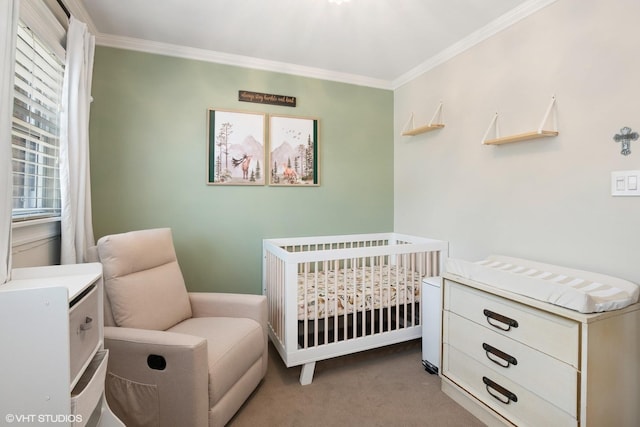 10824 Lavergne Ave, Oak Lawn, IL 60453 - bedroom with ornamental molding, light carpet, and a crib