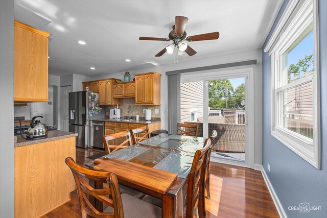 209 Surrey Dr, Carol Stream, IL 60188 - dining area featuring dark wood-style flooring, a ceiling fan, and recessed lighting